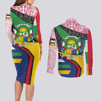 Central African Republic Couples Matching Long Sleeve Bodycon Dress and Long Sleeve Button Shirt with Multicolor Tribal Design and National Emblem - Wonder Print Shop