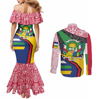 Central African Republic Couples Matching Mermaid Dress and Long Sleeve Button Shirt with Multicolor Tribal Design and National Emblem - Wonder Print Shop