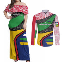 Central African Republic Couples Matching Off Shoulder Maxi Dress and Long Sleeve Button Shirt with Multicolor Tribal Design and National Emblem - Wonder Print Shop