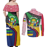 Central African Republic Couples Matching Off Shoulder Maxi Dress and Long Sleeve Button Shirt with Multicolor Tribal Design and National Emblem - Wonder Print Shop