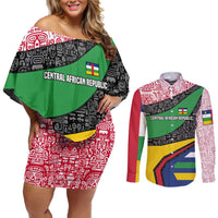 Central African Republic Couples Matching Off Shoulder Short Dress and Long Sleeve Button Shirt with Multicolor Tribal Design and National Emblem - Wonder Print Shop