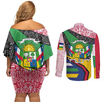 Central African Republic Couples Matching Off Shoulder Short Dress and Long Sleeve Button Shirt with Multicolor Tribal Design and National Emblem - Wonder Print Shop