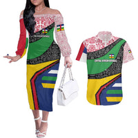 Central African Republic Couples Matching Off The Shoulder Long Sleeve Dress and Hawaiian Shirt with Multicolor Tribal Design and National Emblem - Wonder Print Shop