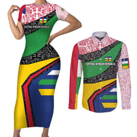 Central African Republic Couples Matching Short Sleeve Bodycon Dress and Long Sleeve Button Shirt with Multicolor Tribal Design and National Emblem - Wonder Print Shop