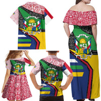 Central African Republic Family Matching Off Shoulder Maxi Dress and Hawaiian Shirt with Multicolor Tribal Design and National Emblem - Wonder Print Shop