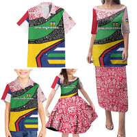 Central African Republic Family Matching Puletasi and Hawaiian Shirt with Multicolor Tribal Design and National Emblem - Wonder Print Shop