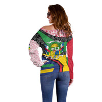 Central African Republic Off Shoulder Sweater with Multicolor Tribal Design and National Emblem - Wonder Print Shop