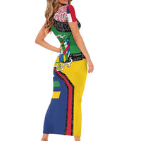 Central African Republic Short Sleeve Bodycon Dress with Multicolor Tribal Design and National Emblem - Wonder Print Shop