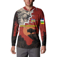 Central African Republic Button Sweatshirt with Red Black Nature Design and Buffalo Pattern - Wonder Print Shop