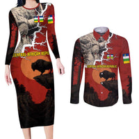 Central African Republic Couples Matching Long Sleeve Bodycon Dress and Long Sleeve Button Shirt with Red Black Nature Design and Buffalo Pattern - Wonder Print Shop