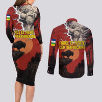Central African Republic Couples Matching Long Sleeve Bodycon Dress and Long Sleeve Button Shirt with Red Black Nature Design and Buffalo Pattern - Wonder Print Shop