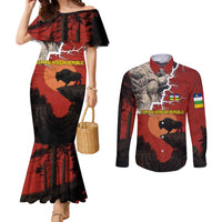 Central African Republic Couples Matching Mermaid Dress and Long Sleeve Button Shirt with Red Black Nature Design and Buffalo Pattern - Wonder Print Shop