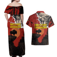 Central African Republic Couples Matching Off Shoulder Maxi Dress and Hawaiian Shirt with Red Black Nature Design and Buffalo Pattern - Wonder Print Shop