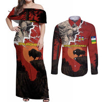 Central African Republic Couples Matching Off Shoulder Maxi Dress and Long Sleeve Button Shirt with Red Black Nature Design and Buffalo Pattern - Wonder Print Shop