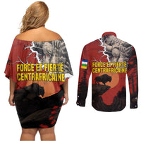 Central African Republic Couples Matching Off Shoulder Short Dress and Long Sleeve Button Shirt with Red Black Nature Design and Buffalo Pattern - Wonder Print Shop