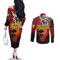 Central African Republic Couples Matching Off The Shoulder Long Sleeve Dress and Long Sleeve Button Shirt with Red Black Nature Design and Buffalo Pattern - Wonder Print Shop