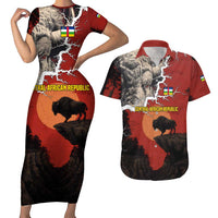 Central African Republic Couples Matching Short Sleeve Bodycon Dress and Hawaiian Shirt with Red Black Nature Design and Buffalo Pattern - Wonder Print Shop