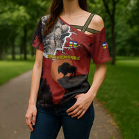 Central African Republic Cross Shoulder Shirt with Red Black Nature Design and Buffalo Pattern - Wonder Print Shop