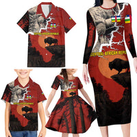 Central African Republic Family Matching Long Sleeve Bodycon Dress and Hawaiian Shirt with Red Black Nature Design and Buffalo Pattern - Wonder Print Shop
