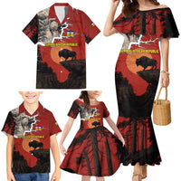 Central African Republic Family Matching Mermaid Dress and Hawaiian Shirt with Red Black Nature Design and Buffalo Pattern - Wonder Print Shop