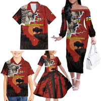 Central African Republic Family Matching Off The Shoulder Long Sleeve Dress and Hawaiian Shirt with Red Black Nature Design and Buffalo Pattern - Wonder Print Shop
