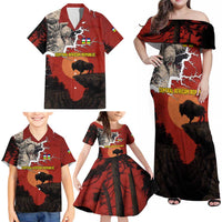 Central African Republic Family Matching Off Shoulder Maxi Dress and Hawaiian Shirt with Red Black Nature Design and Buffalo Pattern - Wonder Print Shop