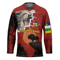 Central African Republic Hockey Jersey with Red Black Nature Design and Buffalo Pattern - Wonder Print Shop
