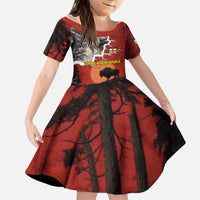 Central African Republic Kid Short Sleeve Dress with Red Black Nature Design and Buffalo Pattern - Wonder Print Shop