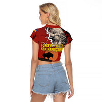Central African Republic Raglan Cropped T Shirt with Red Black Nature Design and Buffalo Pattern - Wonder Print Shop