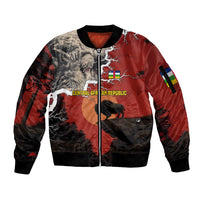 Central African Republic Sleeve Zip Bomber Jacket with Red Black Nature Design and Buffalo Pattern - Wonder Print Shop