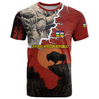 Central African Republic T Shirt with Red Black Nature Design and Buffalo Pattern - Wonder Print Shop
