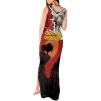Central African Republic Tank Maxi Dress with Red Black Nature Design and Buffalo Pattern - Wonder Print Shop