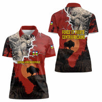 Central African Republic Women Polo Shirt with Red Black Nature Design and Buffalo Pattern - Wonder Print Shop