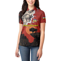 Central African Republic Women Polo Shirt with Red Black Nature Design and Buffalo Pattern - Wonder Print Shop