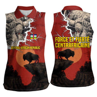 Central African Republic Women Sleeveless Polo Shirt with Red Black Nature Design and Buffalo Pattern - Wonder Print Shop
