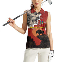 Central African Republic Women Sleeveless Polo Shirt with Red Black Nature Design and Buffalo Pattern - Wonder Print Shop