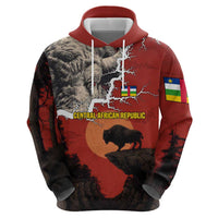 Central African Republic Zip Hoodie with Red Black Nature Design and Buffalo Pattern - Wonder Print Shop