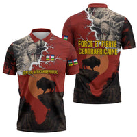Central African Republic Zipper Polo Shirt with Red Black Nature Design and Buffalo Pattern - Wonder Print Shop