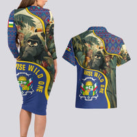 Central African Republic Couples Matching Long Sleeve Bodycon Dress and Hawaiian Shirt with Jungle Animal Design and National Emblem Pattern - Wonder Print Shop