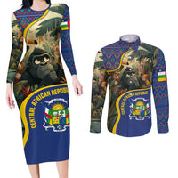 Central African Republic Couples Matching Long Sleeve Bodycon Dress and Long Sleeve Button Shirt with Jungle Animal Design and National Emblem Pattern - Wonder Print Shop