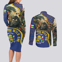 Central African Republic Couples Matching Long Sleeve Bodycon Dress and Long Sleeve Button Shirt with Jungle Animal Design and National Emblem Pattern - Wonder Print Shop