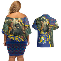 Central African Republic Couples Matching Off Shoulder Short Dress and Hawaiian Shirt with Jungle Animal Design and National Emblem Pattern - Wonder Print Shop