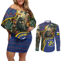 Central African Republic Couples Matching Off Shoulder Short Dress and Long Sleeve Button Shirt with Jungle Animal Design and National Emblem Pattern - Wonder Print Shop