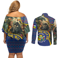 Central African Republic Couples Matching Off Shoulder Short Dress and Long Sleeve Button Shirt with Jungle Animal Design and National Emblem Pattern - Wonder Print Shop