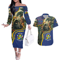 Central African Republic Couples Matching Off The Shoulder Long Sleeve Dress and Hawaiian Shirt with Jungle Animal Design and National Emblem Pattern - Wonder Print Shop