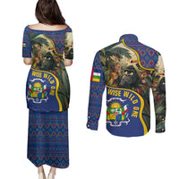 Central African Republic Couples Matching Puletasi and Long Sleeve Button Shirt with Jungle Animal Design and National Emblem Pattern - Wonder Print Shop