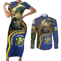 Central African Republic Couples Matching Short Sleeve Bodycon Dress and Long Sleeve Button Shirt with Jungle Animal Design and National Emblem Pattern - Wonder Print Shop