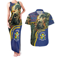Central African Republic Couples Matching Tank Maxi Dress and Hawaiian Shirt with Jungle Animal Design and National Emblem Pattern - Wonder Print Shop