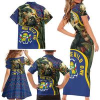 Central African Republic Family Matching Short Sleeve Bodycon Dress and Hawaiian Shirt with Jungle Animal Design and National Emblem Pattern - Wonder Print Shop