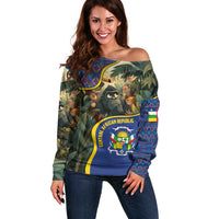 Central African Republic Off Shoulder Sweater with Jungle Animal Design and National Emblem Pattern - Wonder Print Shop